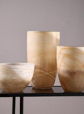 手工大口云雾纹理花瓶艺术花器摆件瓶高级感客厅民宿家居彩色花瓶