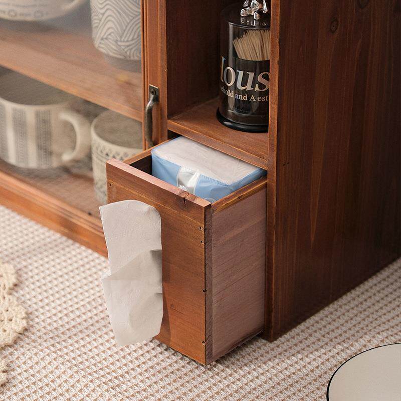 Zakka internet celebrity storage rack with tissue box retro double-layer wooden tea set desktop storage box cup dustproof cabinet
