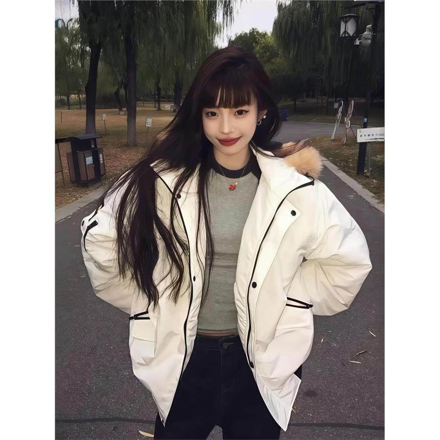 2025冬季新款毛领派克棉服女短款国潮白色棉袄加厚巨好看情侣棉衣,淘宝优惠券,粉丝福利购,淘宝优惠卷