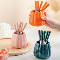 (main podcast powder) fruit fork sweet spoons suit ceramic containing jar ceramic handle stainless steel fork spoon