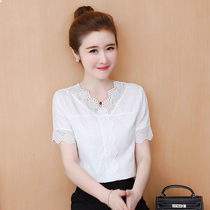 short sleeve snow-spinning jersey woman 2022 summer dress new Korean version small clear temperament V collar shirt swarm with slim blouse cotton