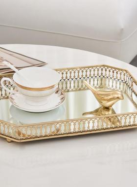 欧式镜面金属托盘高级感摆件轻奢家居桌面玻璃装饰收纳盘