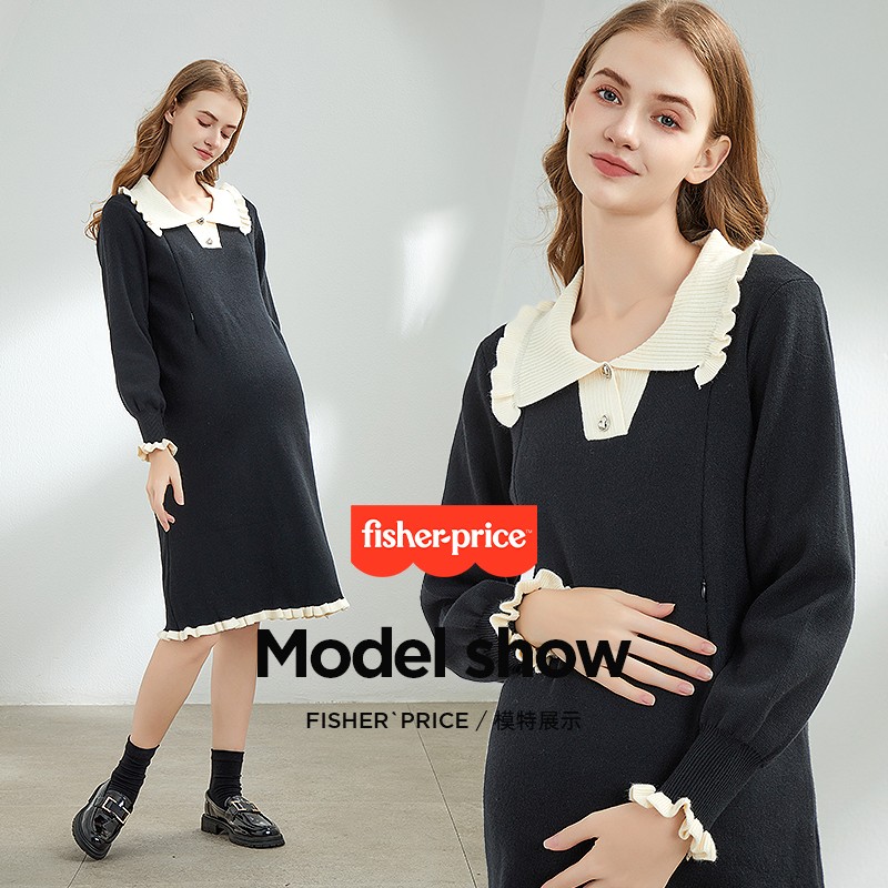 费雪孕妇连衣裙秋季新款黑色毛衣时尚高级感上衣大码春秋裙子秋装 - 图3