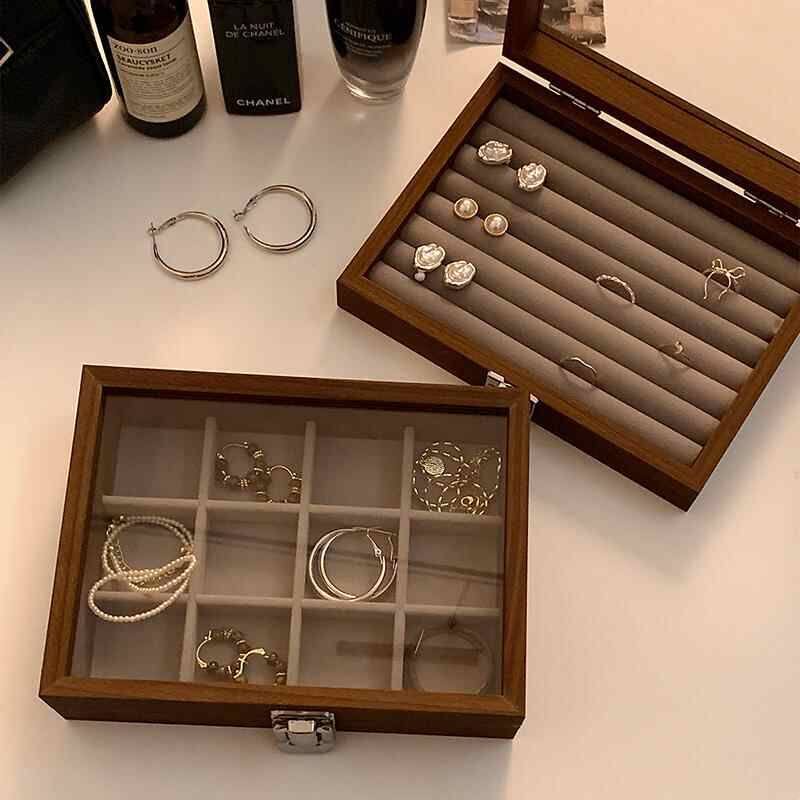 Wooden glass lid jewelry box ring earring storage box jewelry packaging box jewelry organization box