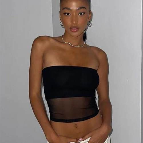 Mesh Corset Black Crop Top Women Patchwork Tube Top Sexy Sle-图0