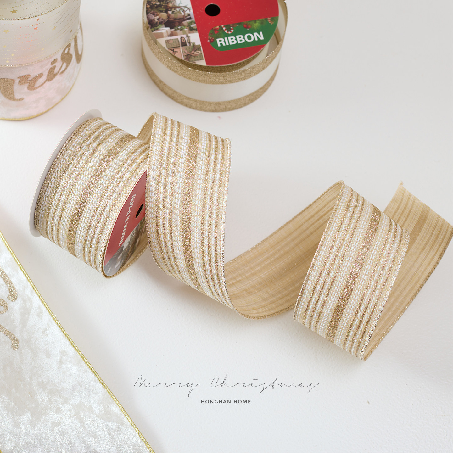泓瀚圣诞装饰品merrychristmas织带香槟色高档绒布烫金蝴蝶结丝带,淘宝优惠券,粉丝福利购,淘宝优惠卷