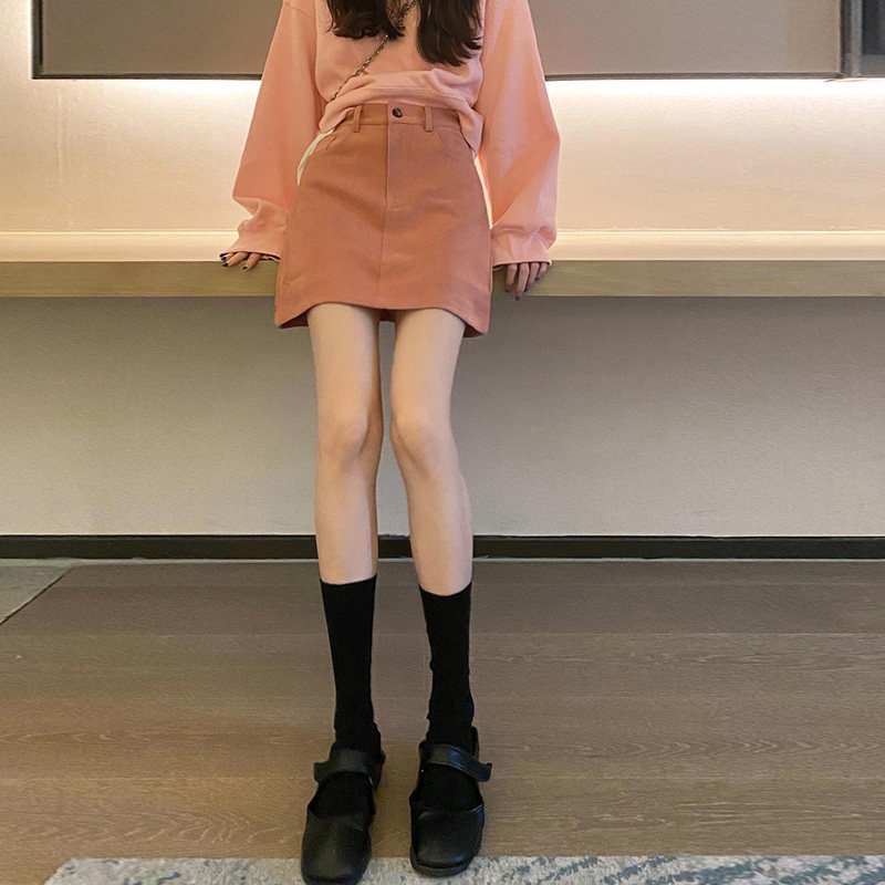 罗莱妃藕粉色灯芯绒高腰包臀裙 罗莱妃半身裙