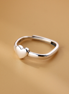 纯银开口戒指韩版甜美少女气质爱心指环简约时尚方形食指戒可调节