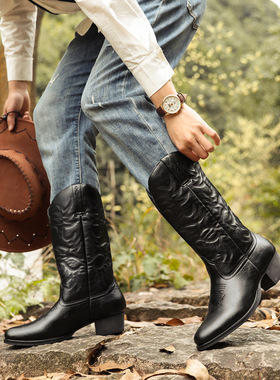 复古长筒高跟靴男时尚西部牛仔靴