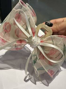 黑色郁金香网纱多层闪钻丝带蝴蝶结大抓夹网红高级感后脑勺发饰女