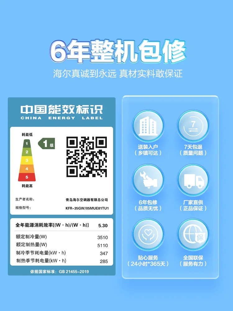 海尔统帅1.5匹挂机空调冷暖两用新一级变频旋翼防直吹大风量MUE - 图3