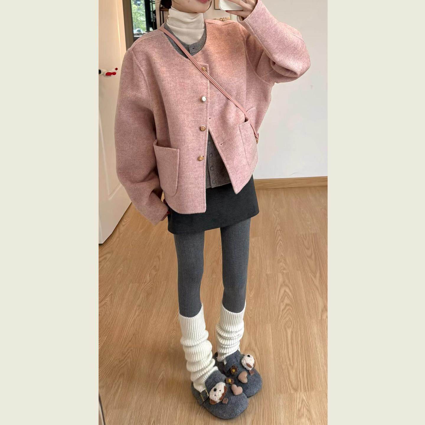 粉色圆领小香短款毛呢外套女秋冬季温柔风甜美小个子减龄呢子上衣,淘宝优惠券,粉丝福利购,淘宝优惠卷