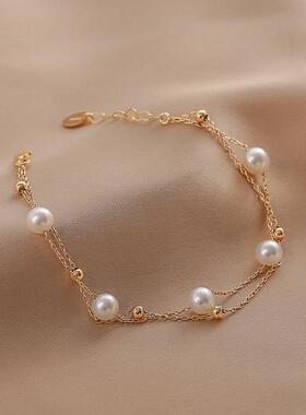 2026天然淡水珍珠手链双层可调节满天星手链14K包金韩版气质首饰