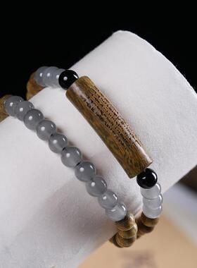 2026复古天然绿檀木五条经文设计款双圈手链佛珠手串男女情侣文玩