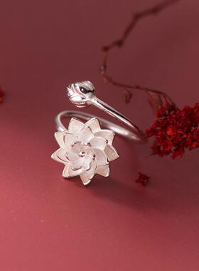 2026纯白莲花新款素银中国风气质可调节开口戒指优雅女式食指戒