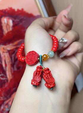 2026朱砂红砂双貔貅手串简约百搭小众设计显白红色圆珠手链女款