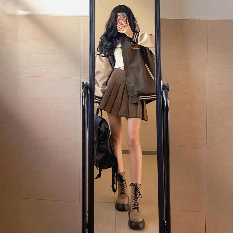 棕色秋冬毛呢卡其高腰显瘦jk百褶裙 莉诗琳半身裙