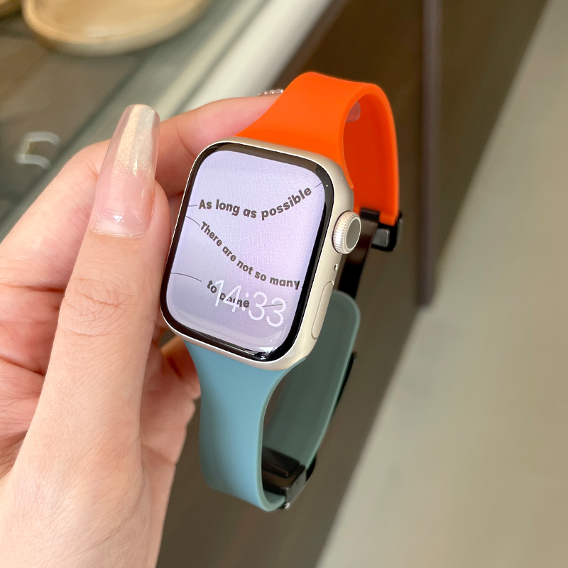 夏天细款拼色硅胶磁吸扣适用iwatch8/9苹果表带applewatch765se女-图1