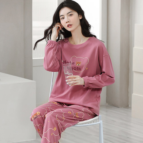 100%纯棉睡衣女秋冬季加厚新款长袖束脚全棉休闲家居服可外穿套装 - 图1
