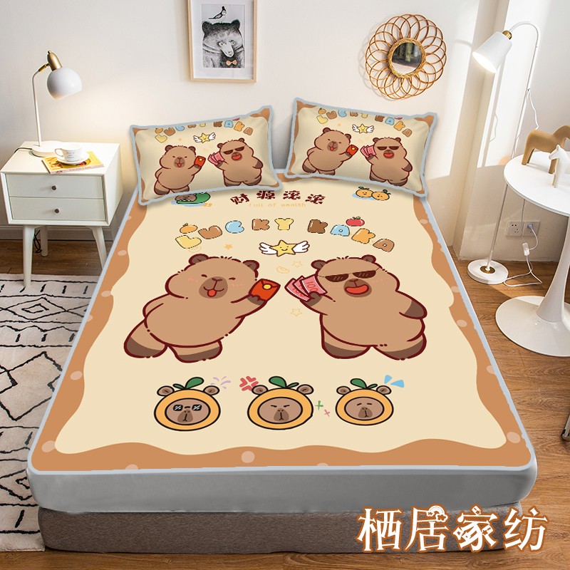 卡皮巴拉冰丝席三件套床笠款夏季凉席单双人透气软席子卧室可水洗 - 图1