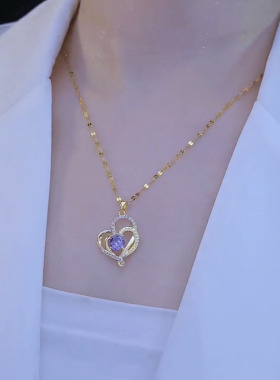 双层爱心紫色水晶项链女