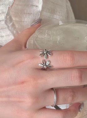 复古金属风花朵戒指女