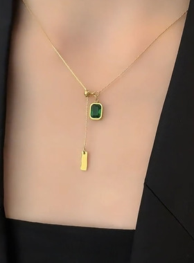 方块水晶抽拉可调节钛钢项链女