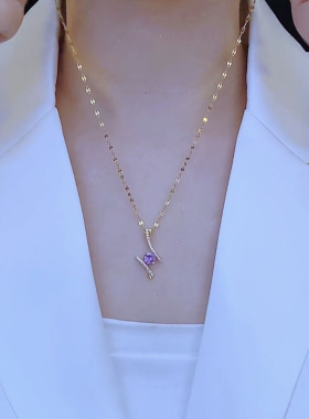 钛钢不掉色紫色锆石水滴项链女