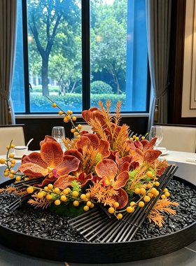 轻奢新中式餐桌仿真花艺定制