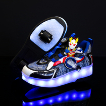 Net Red Storm Shoeshoe Boy Swivel Button Sneakers Children Two Wheels Skating Shoes Otman Charged Luminous Shoes