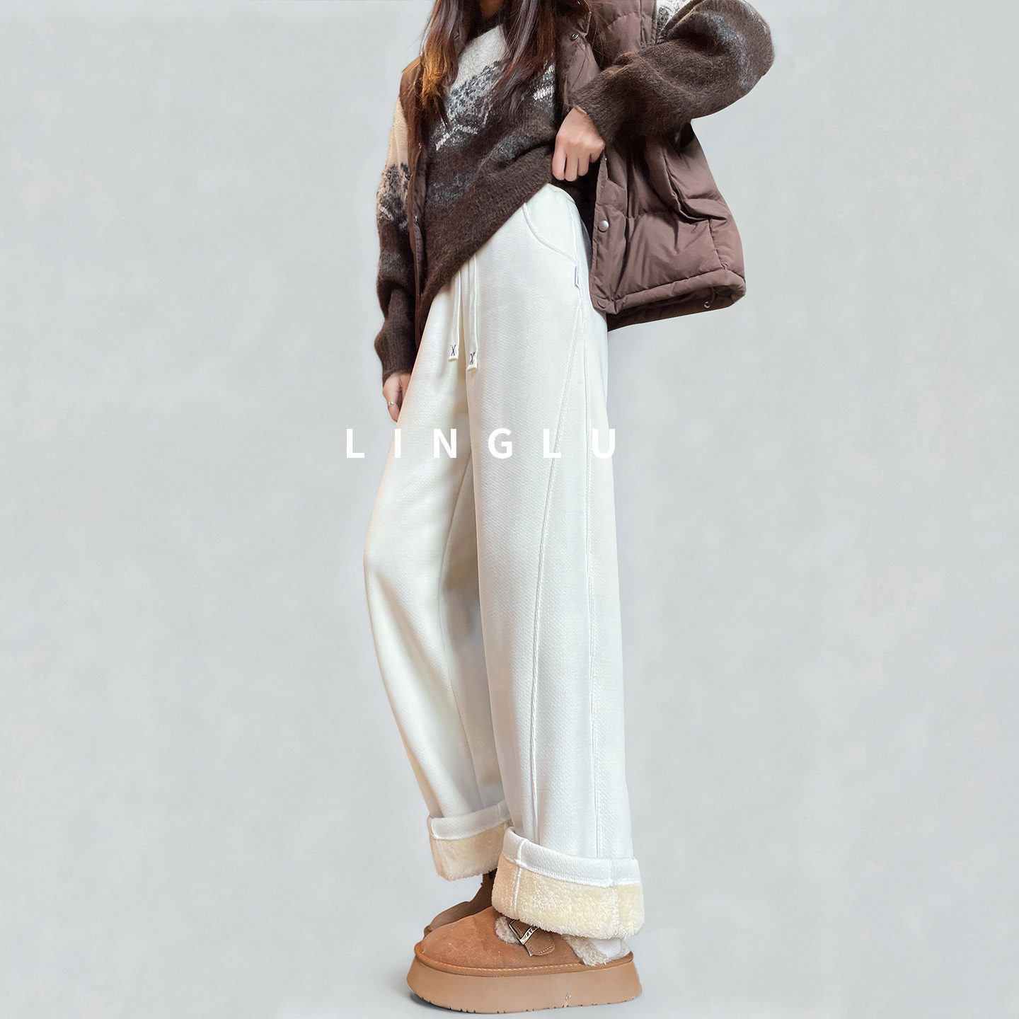 高端羊羔绒阔腿裤女冬天加厚大码卫裤女士白色直筒裤冬季加绒裤子,淘宝优惠券,粉丝福利购,淘宝优惠卷