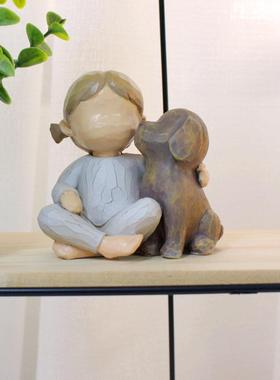 美式创意天使女孩和狗抽象摆件高级感小众儿童房间改造家居装饰品