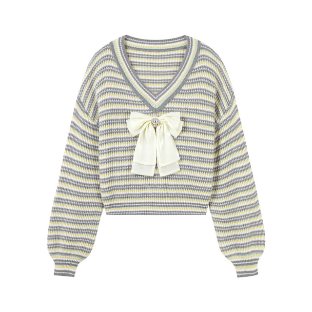 Qiushui Yiren Ole bow striped sweater women's temperament V-neck long-sleeved sweater autumn slimming outfit