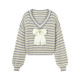 Qiushui Yiren Ole bow striped sweater women's temperament V-neck long-sleeved sweater autumn slimming outfit