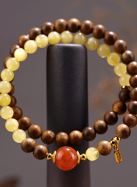 沉香木蜜蜡南红玛瑙双圈手链新中式国潮女士网络爆款佛珠手串