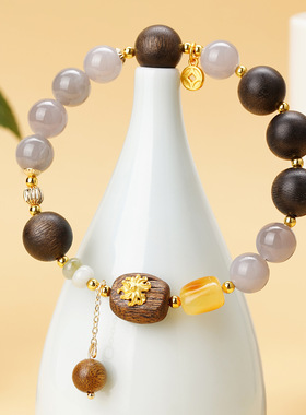 天然烟灰和田玉沉香木复古手链新中式香韵原创女士新款蜜蜡手链