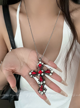 重工红色十字架吊坠项链女长款