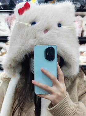 2025新款可爱猫咪蝴蝶结毛绒帽子女冬季加绒加厚保暖包头帽雷锋帽