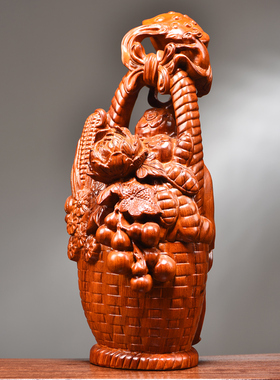 花梨木雕大丰收花篮摆件实木装饰