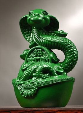 绿色木雕蛇摆件实木十二生肖装饰