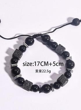 新品个性时尚复古方块火山石手串男士手链原创黑曜石可调节手链定