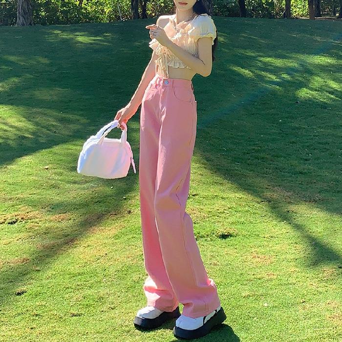 阔腿裤女牛仔裤秋季新款宽松高腰直筒显垂感粉色拖地裤新塘定制