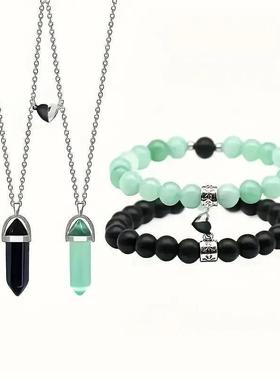 爆款饰品套装4件套天然石情侣爱心磁铁相吸手链六角柱项链