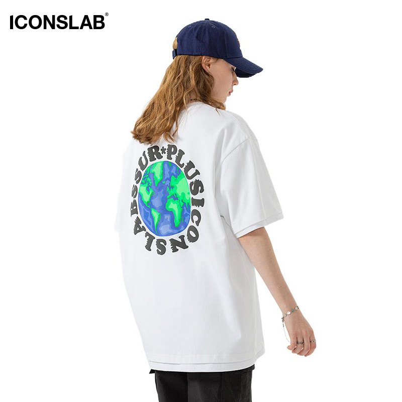 【曹曦月同款】ICONSLAB 涂鸦地球短袖印花情侣潮牌T恤男女同款夏 - 图0