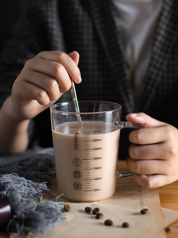 刻度牛奶杯咖啡早餐杯大容量水杯带盖勺家用耐热玻璃杯吸管杯子-图1