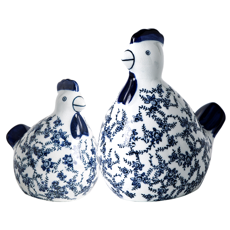 新品青花瓷陶瓷对鸡摆件客厅饰品陶瓷摆件吉祥鸡中式风可爱对鸡