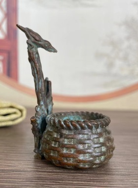 古玩杂项收藏古董摆件铜合金鸟鱼篓香炉香薰茶宠茶艺工艺品摆件