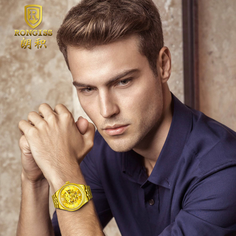 黄金色男士瑞士全自动机械表机芯 rongiss国产腕表