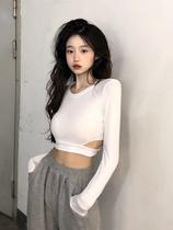 Autumn new design senses small crowdsourced round collar high waist short length sleeves T-shirt women feel tight and bottom-shirt surgings