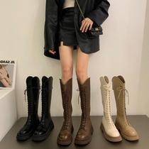 Tide-card brown small crowned long cylinder knight boots woman shoes 2023 new fall V mouth slim slim boot high cylinder long boots